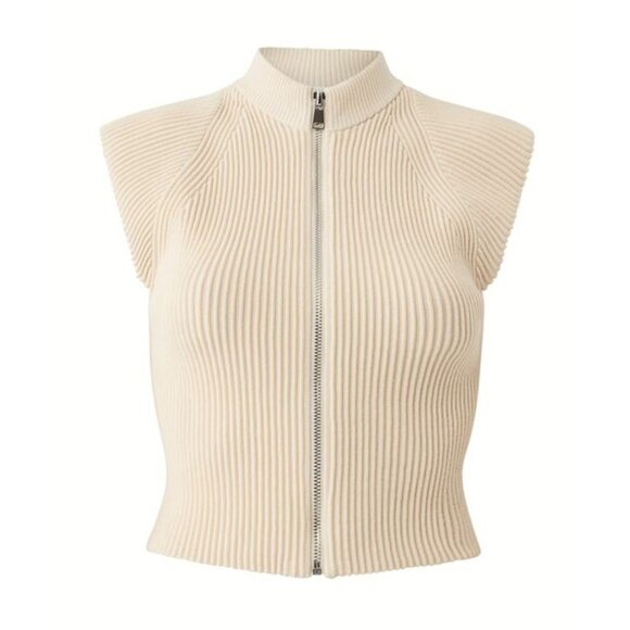 Alo Denim Knit Sleeveless Full Zip Top Oat Milk Beige Cream Sweater Knit Zipper - Picture 7 of 15
